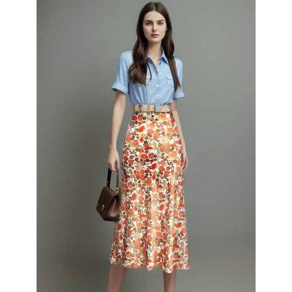 Floral Women's Midi Length High Waist Silk Satin Elasticized Cheetah Skirt - Picture 6 of 8